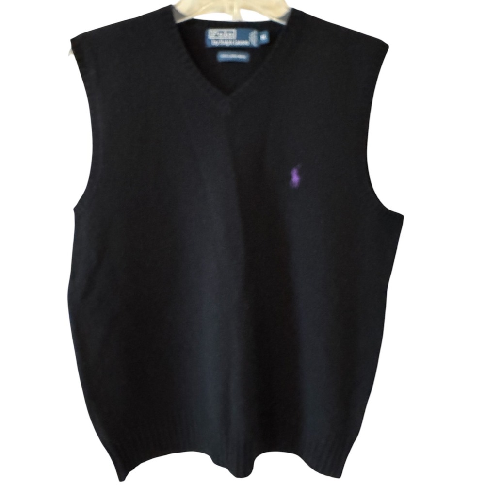 Polo Ralph Lauren Mens V-Neck Sweater Vest Black 100% Lambswool Purple Pony M